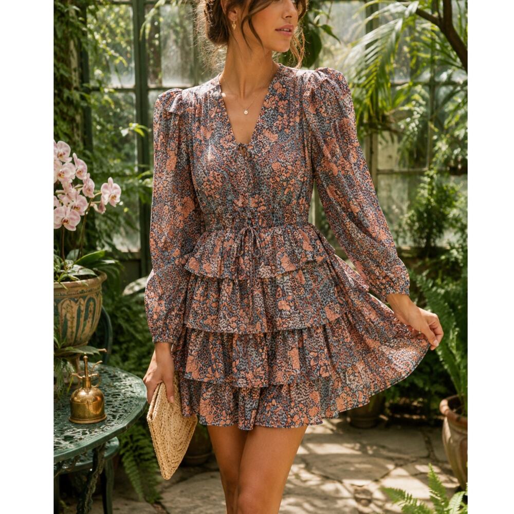 Ulla Johnson Tyra Dress Aegean Floral Tiered Mini Puff Sleeve Size 4 Boho Resort